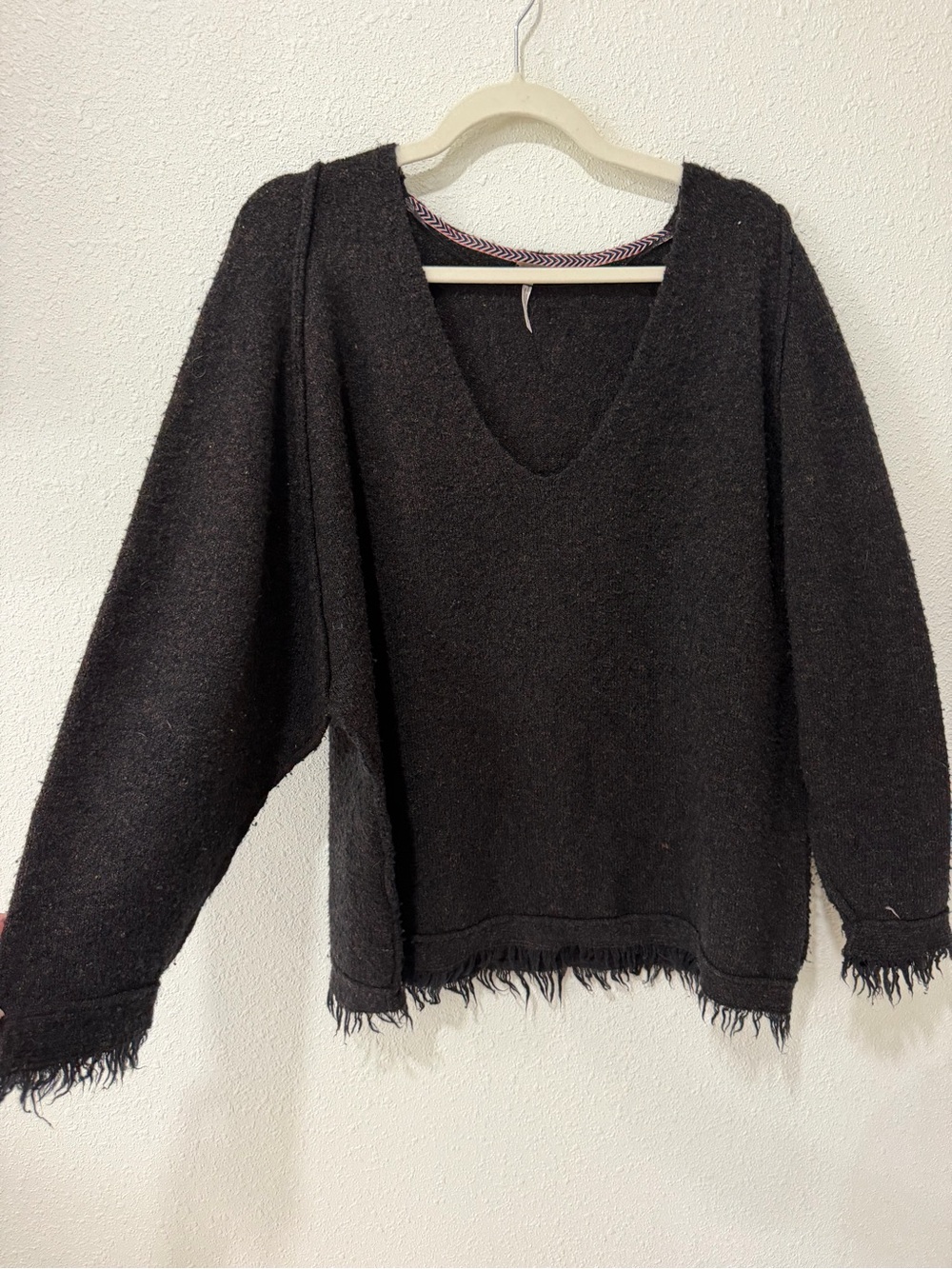 Free People Irresistible Wool-Linen Black V-Neck Fringed Women's Sweater Size S